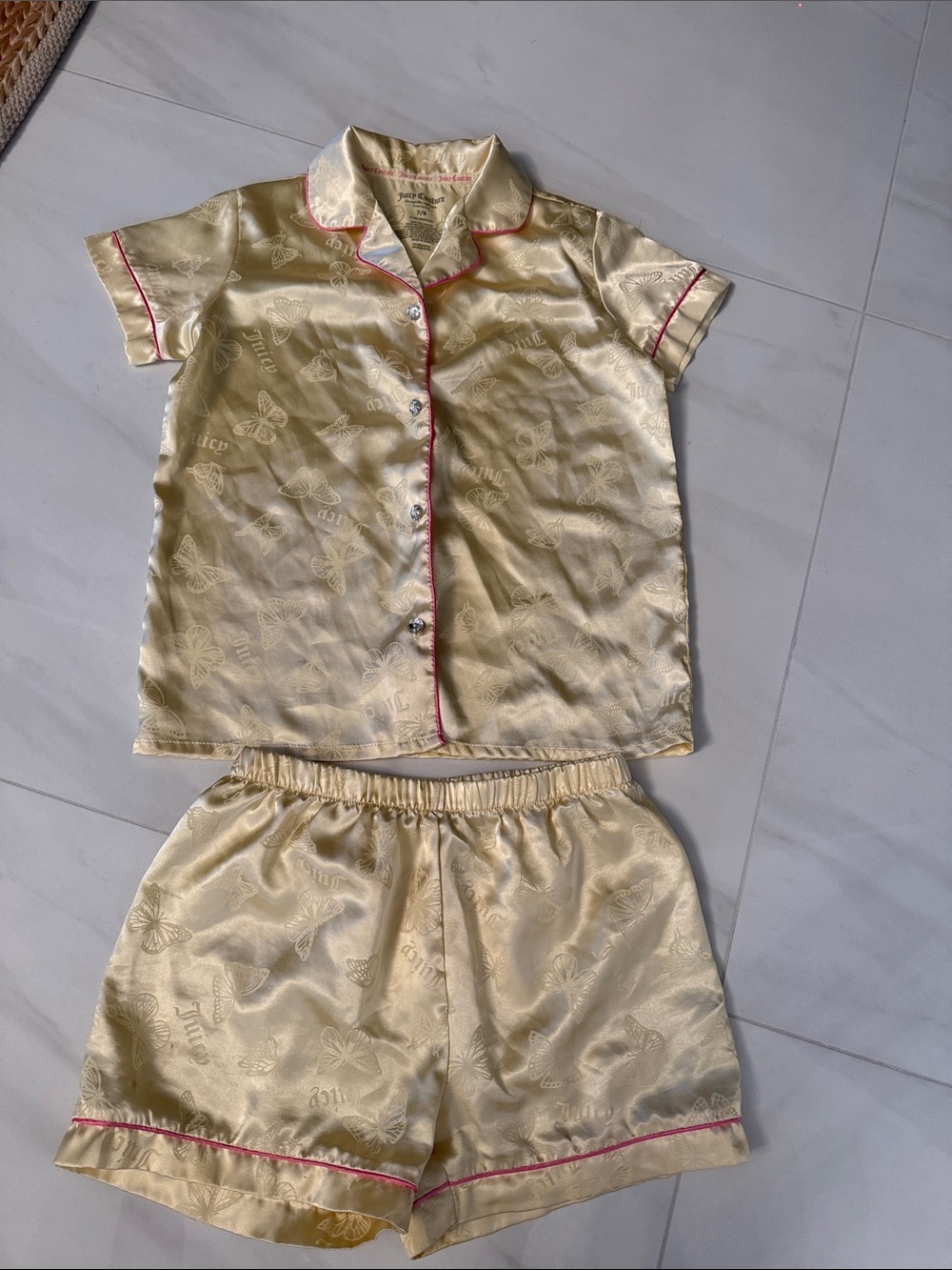 Juicy Couture Pale Yellow Satin Butterfly-Print Kids Pajama Set with Pink trim